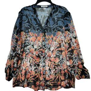 Hannah V-Neck Sheer Floral Blouse Long Sleeves Women's Size Large